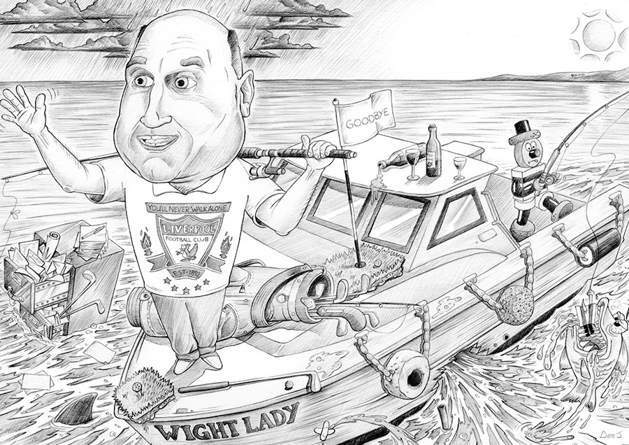 Pencil caricature drawing of man on boat