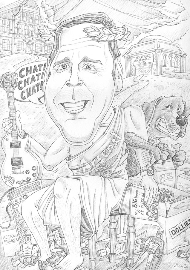 Pencil caricature drawing of man with guitar