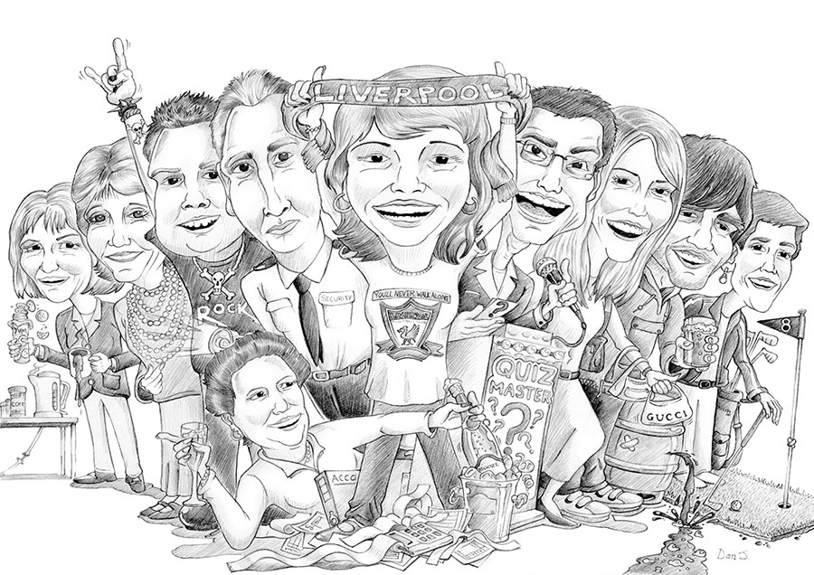 Pencil caricature drawing of group of office workers