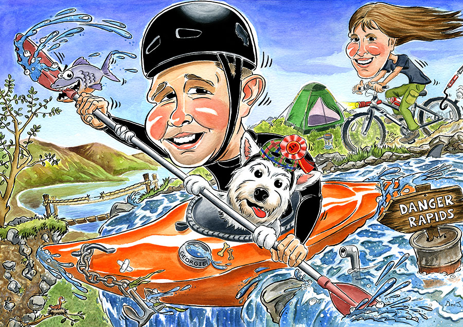 Watercolour caricature painting of man in canoe with westie dog