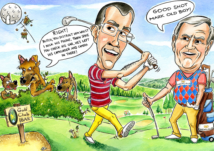 Watercolour caricature painting of guys golfing